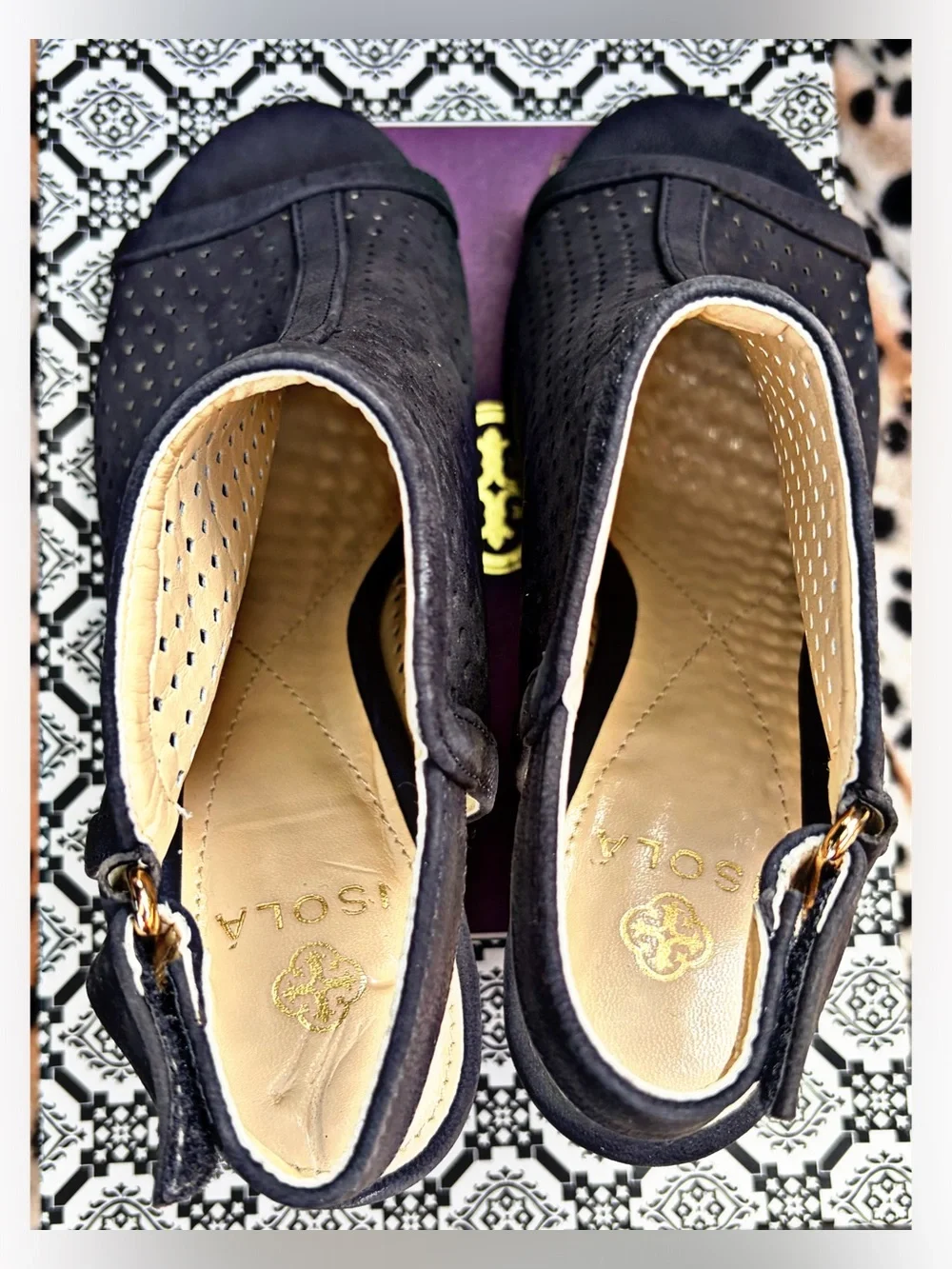Perforated Leather Block Heel Sandals